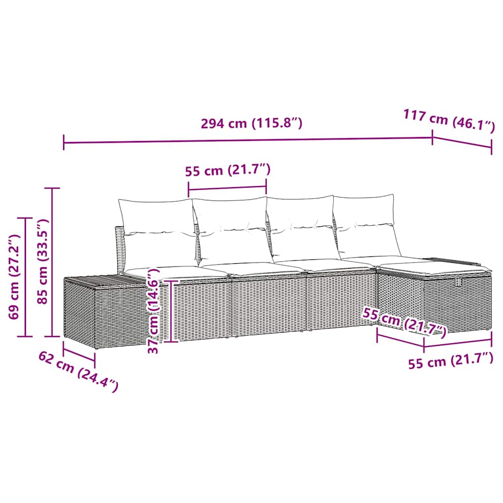 Garten-Sofa-Set mit Kissen 5 pcs Hellgrau Poly Rattan